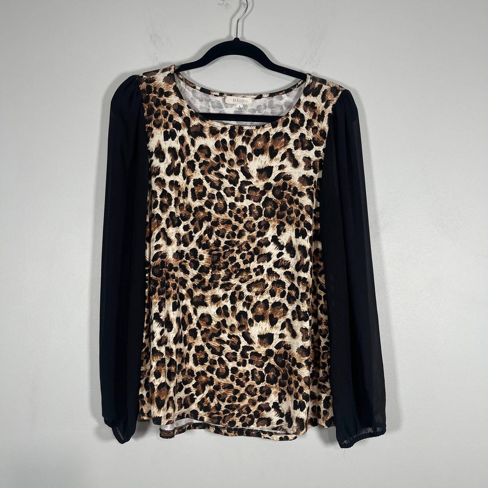 Halo Leopard Print Long Sleeve Stretchy Top Wms Large Black Sheer Sleeves‎ Y2K